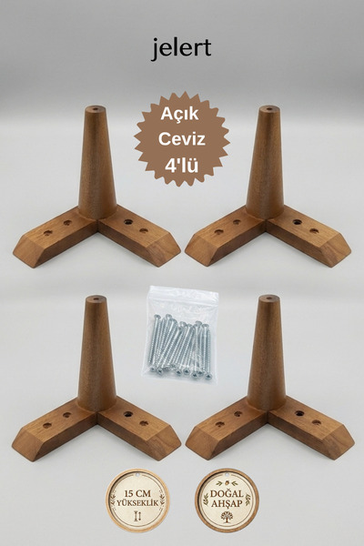 Jelert Masif Gürgen 15 cm Açık Ceviz-4'lü, Mobilya Yükseltme Ayağı, Robot Süp...