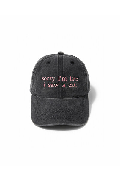 Tresore ''Sorry I'M Late I Saw a Cat'' Embroidered Washed Cap / Cat Embroider...