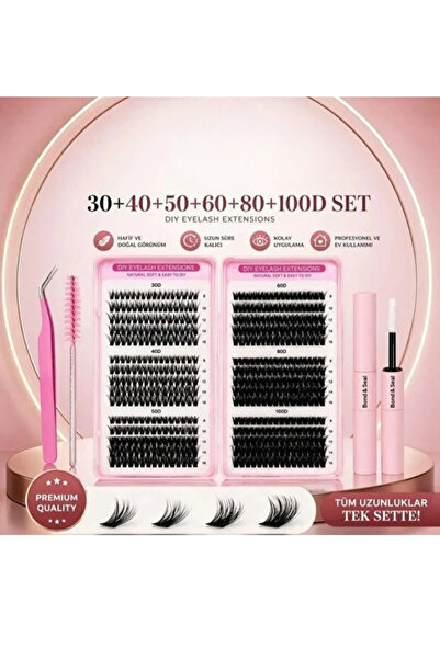 Kendi Kendine 30-40-50-60-80-100D İpek Kirpik Seti 600 Kök - Profesyonel Yapıştırıcı hediyeli