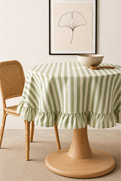linea natura home Çizgili Yeşil Naturel Vintage Yuvarlak Fırfırlı Masa Örtüsü