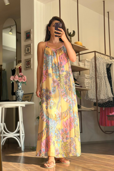 Unique Boutique Floral Patterned Strappy Yellow Long Dress