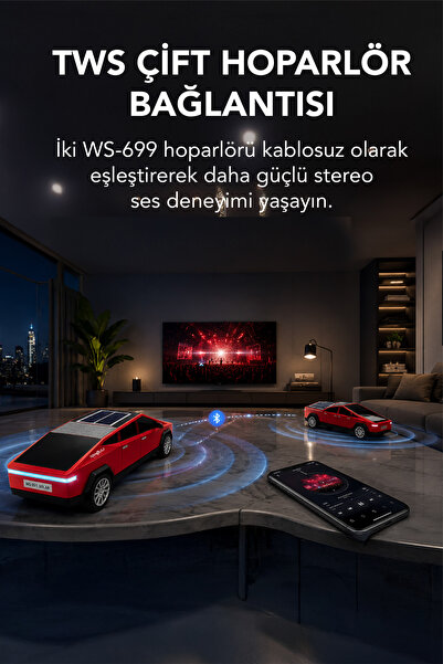 Teknoloji Gelsin WS-699 Cybertruck Model Bluetooth Hoparlör | TWS Stereo | Güneş Enerjili Şarj | USB / TF Kart / AUX / FM Radyo