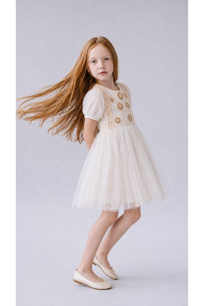 ESPADAKİDS Baby Girl & Child Floral Appliqued Lace Detailed Tulle Skirted Short Sleeve Back Zipper Evening Dress