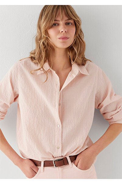 Mavi Nakış Detaylı Dokulu Pembe Gömlek Loose Fit / Bol Rahat Kesim 1211598-91762