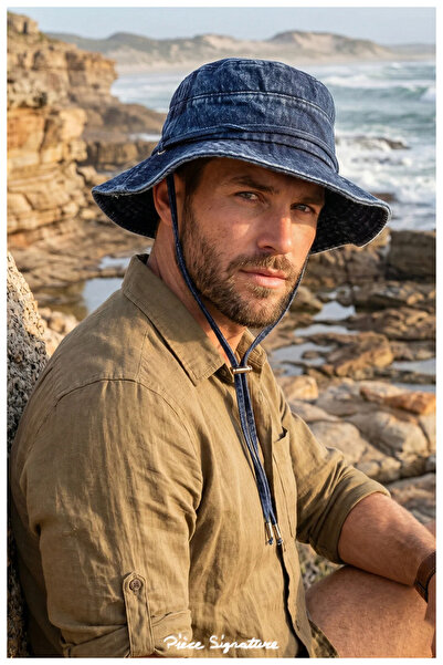 PIECE SIGNATURE Modern Safari: Adjustable Drawstring Denim Bucket Hat (Unisex...