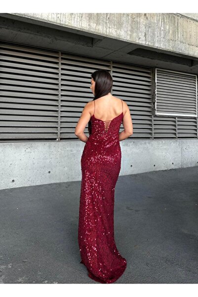 SELİN MODA EVİ Trend Yırtmaçlı Kadife Pulpayet Elbise Bordo 583293