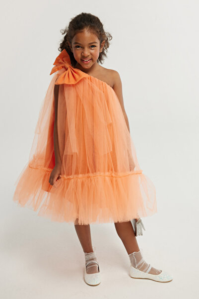 Le Mabelle Orange One-Shoulder Bow Girl's Tulle Dress - Orlene