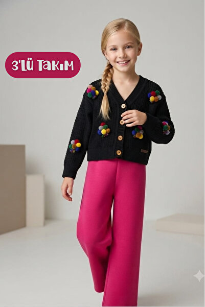Hilal Akıncı Kids Girl's Embroidered Balloon Embroidered Black Knitwear Cardi...