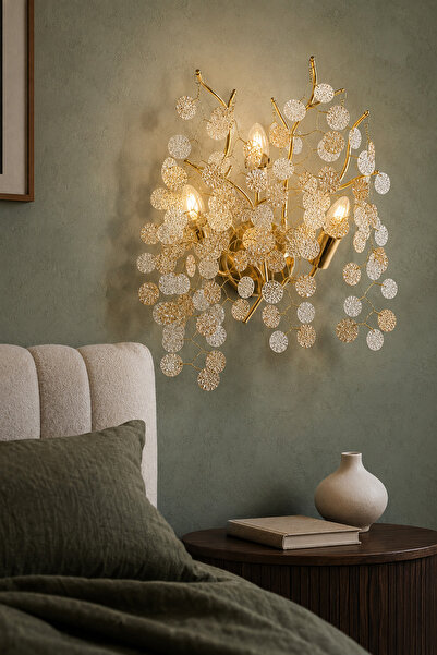 Apliqa Masal Gold Kristal Taşlı Modern, Oturma Odası,Duvar Lambası  Salon Aplik