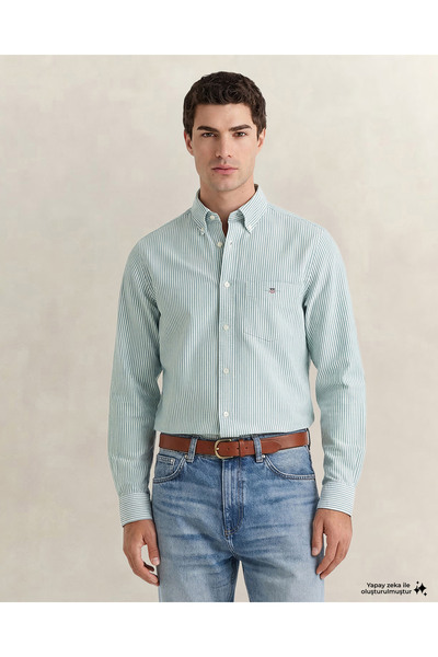 Gant Erkek Yeşil Regular Fit Çizgili Logolu Gömlek