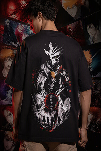 Bleach Anime Unisex Oversize 24/1 Pamuk Tişört - Özel Yaka Baskılı