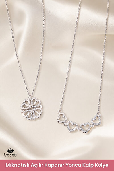 Lucente Jewellery Mıknatıslı Açılır Kapanır Kalp Yonca 925 Ayar Hediyelik Kalpten 4 Yapraklı Yoncaya Dönüşen 2'si 1 Arada Özel Tasarım Gümüş Çift Kullanımlı 45 Cm Zincirli Uğur Bereket Şans Aşk Simgesi Kadın Kolye