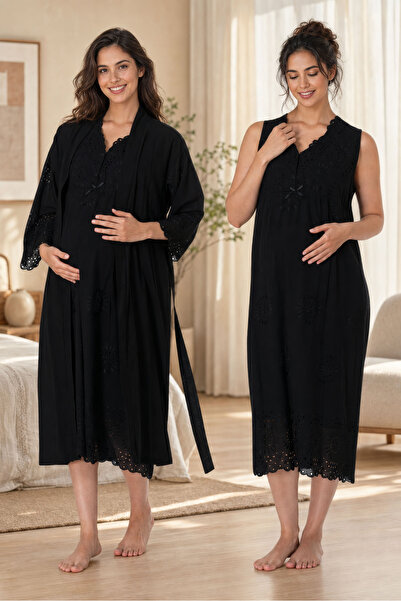 ByLohusa Scalloped Fabric Maternity Nightgown Set with Nursing Features and R...