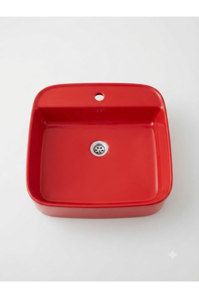 Newarc Loft Tezgah Üstü Batarya Delikli Lavabo Parlak Kırmızı 50X50X12Cm 5150...