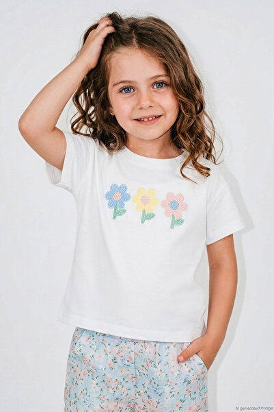 Breeze Girl's T-Shirt with Colorful Flower Embroidery Detail, Ages 3-8, Ecru