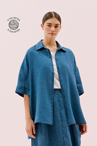 Roman Oversize Kısa Kol Keten Gömlek İndigo Y2513515_043
