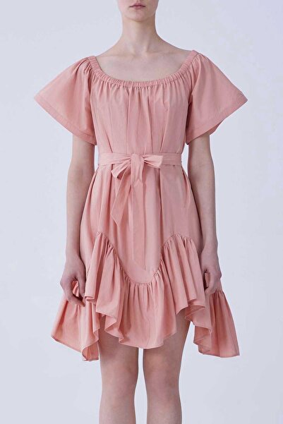 Roman Asimetrik Kesim Mini Boy Günlük Elbise Pembe Y2111075_038