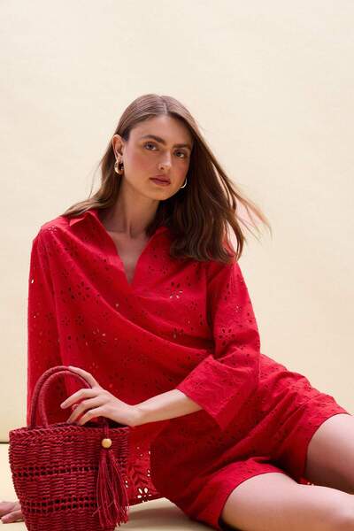 DeFacto 100% Cotton Oversized Shirt Collar Embroidered Long Sleeve Red Blouse...
