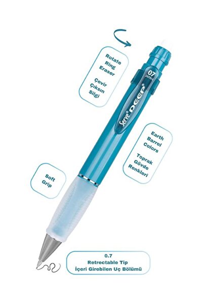 Serve Deep Mekanik Kurşun Kalem 07mm ve Silgi Yedekli Set Okyanus Mavisi
