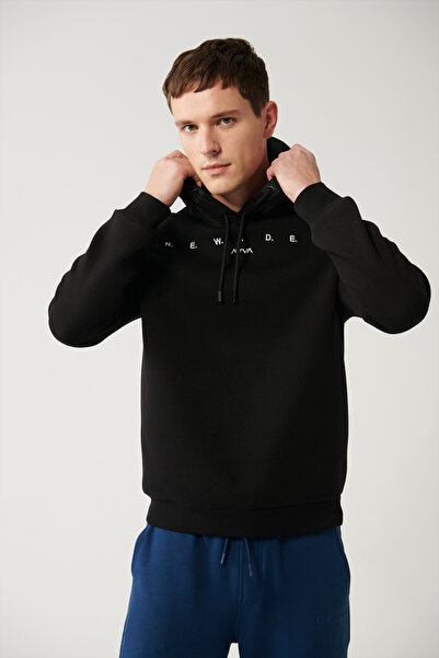 Avva Men's Black Raised Fabric 3 Thread Hooded Embroidered Sweatshirt A32Y1393