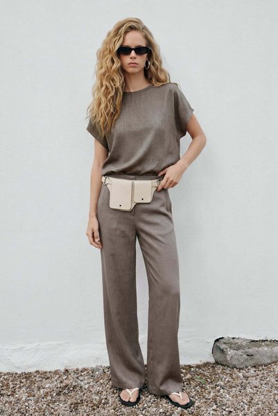 Sateen Short Sleeve Blouse - Mink