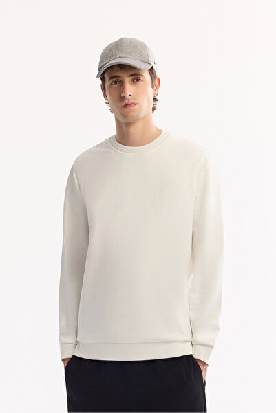 Avva Men's Ecru Crew Neck Cotton Bi-Stretch Regular Fit Sweatshirt A52Y1271
