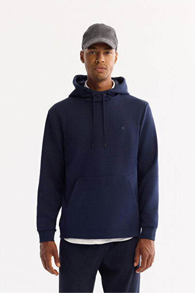 Avva Men's Navy Blue Hooded Cotton Bi-Stretch Regular Fit Sweatshirt A52Y1201
