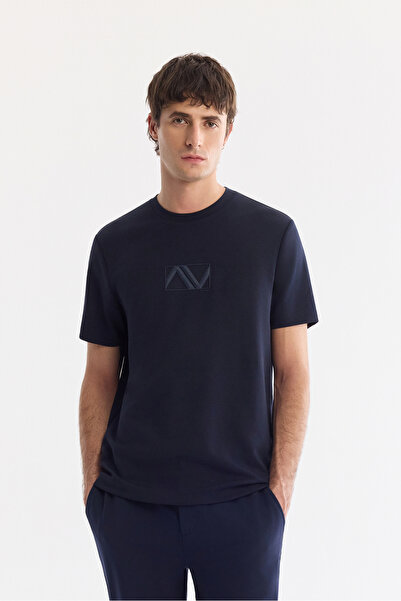Avva Men's Navy Blue Crew Neck Printed Bi-Stretch Interlock Regular Fit T-Shi...