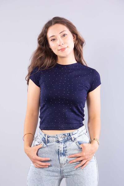 Mckanzie 11445 stone embellished short o-neck blouse