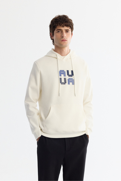 Avva Men's Ecru Hooded Cotton Printed Elastane Regular Fit Sweatshirt A42Y1324