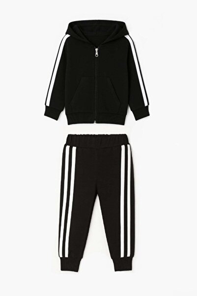 Bubito Unisex Bebek Çizgi Detaylı Fermuarlı Kapüşonlu Spor 2'li Eşofman Takımı - Siyah