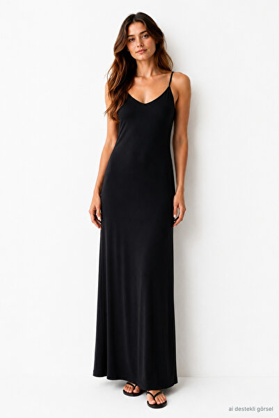 penyebizden Women's Cross-Back Strap Long Sandy Dress-Black