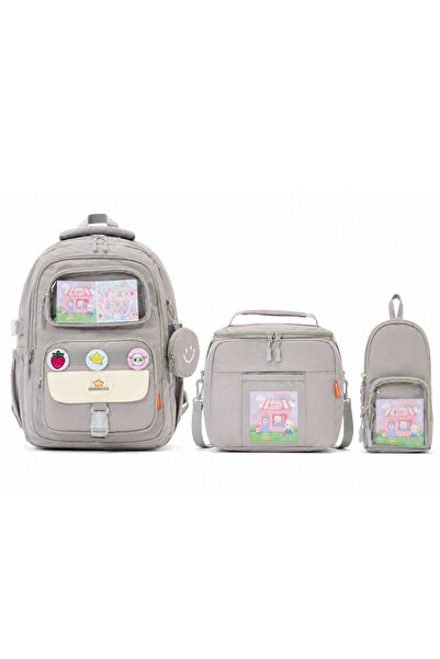 Roxbros Kawaii 3-Piece Primary School School Bag Set Gray Girls' Lunch Box an...