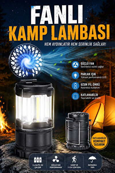 Badem10 Pilli Ledli El Feneri Işıldak Kamp Lambası Vantilatörlü Fanlı Kızaklı...