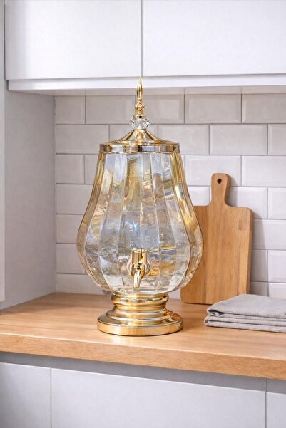 Elta Collection Lüks Cam Şerbetlik Musluklu İçecek Sebili Gold Ayaklı Cam Dam...