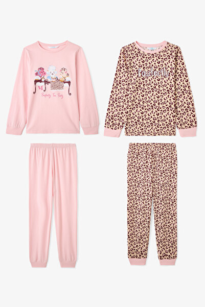 Penti Girls' Pawfectly Leopard Print Cotton 2-Piece Long Sleeve Pajama Set