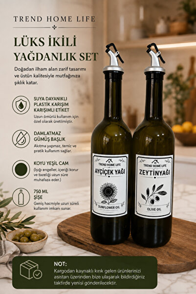Trend Home Life Yağdanlık Seti Cam 2’li 750ml Zeytinyağı Sıvıyağ Ayçiçek Yağı Şişesi Yağdanlık Yağlık Stand Yoktur