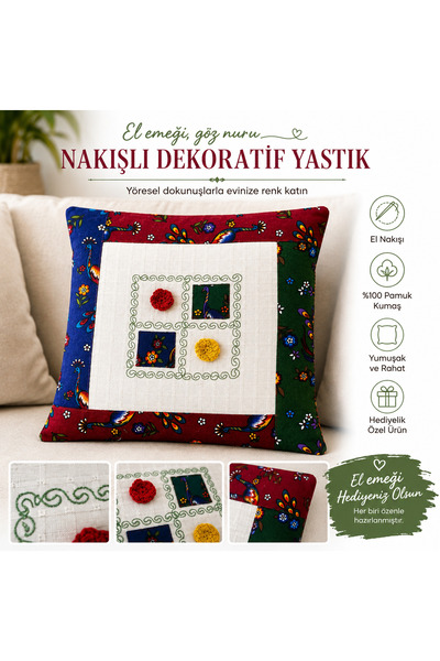 FIRAT RİZE BEZLERİ Floral Patterned Embroidered Cushion Cover (40X40) 2 Pieces