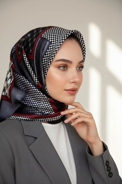 Vissona 100% Twill Silk Scarf with Plaid Pattern Gray - Red Color 90X90 Scarf...