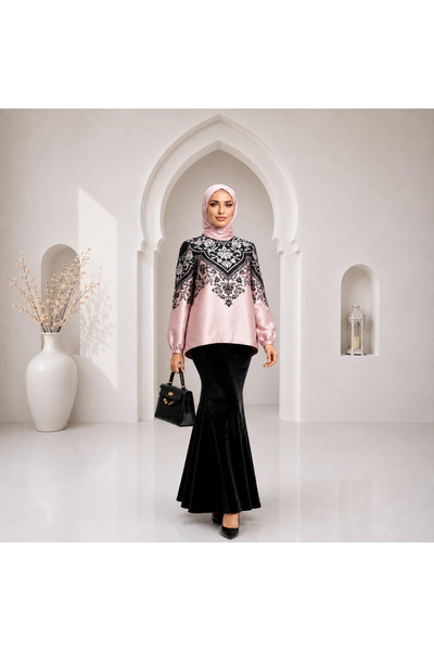 Muslima Wear Pembe Siyah Yaprak Desenli Ayarlanabilir Bilekli Jasmine Bluz