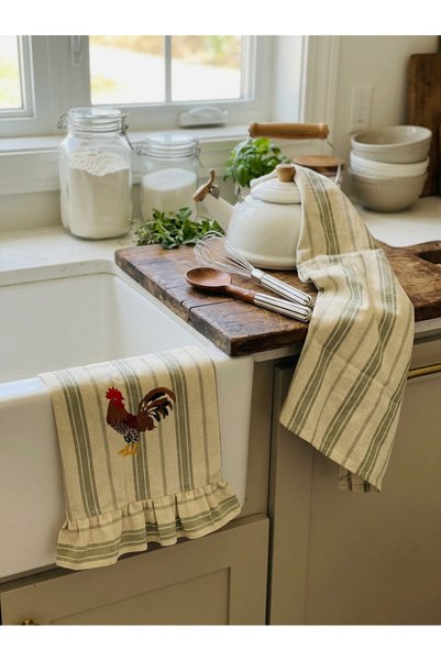 HOME OF BLOSSOM Green Striped Linen Embroidered Kitchen Cloth 40*60cm