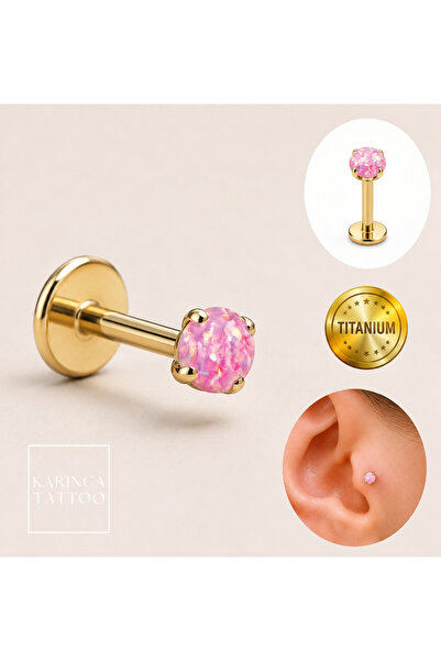 Karınca Piercing Pembe Taşlı Titanyum Piercing Gold Altın Rengi Tragus Labret...