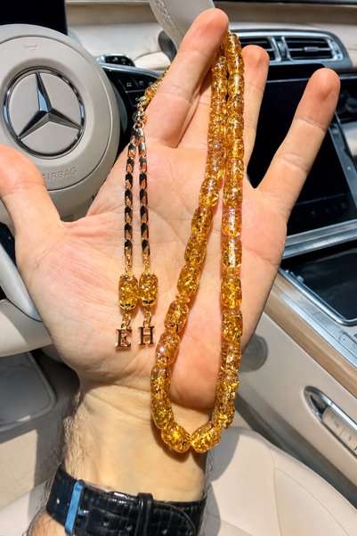 A-STİL TAKI سبحة رجالية من العنبر مع حبيبات ذهبية فاخرة، مع صندوق هدايا معتمد وحروف مدمجة