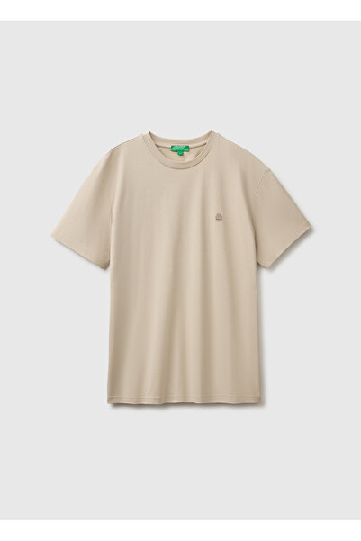 United Colors of Benetton Men's Beige 100% Cotton Logo Crew Neck T-Shirt