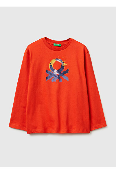 United Colors of Benetton Boy's Coral Front Logo Printed Crew Neck Long Sleev...