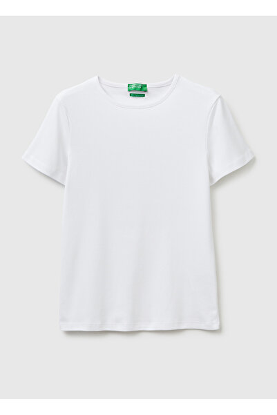 United Colors of Benetton تي شيرت نسائي أبيض 100% قطن برقبة دائرية