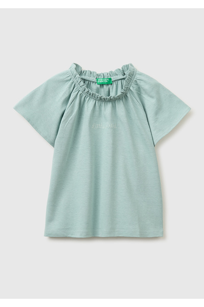United Colors of Benetton Girl's Aqua Green Ruffle Detailed Boat Neck Short S...