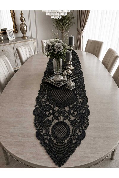 Lena Maison Saray Black Tulle Runner with Embroidery on Black Tulle 135 Cmx45 cm