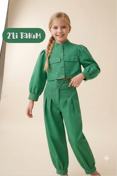 Hilal Akıncı Kids Girl's Judge Collar Balloon Sleeve Lined Crop Jacket Puff D...