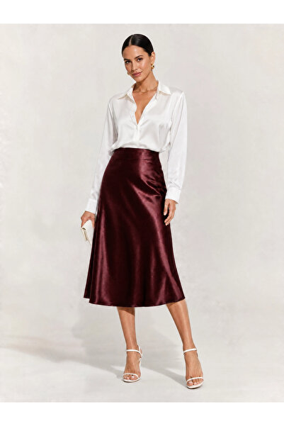 NSMLİFE Claret Red Satin High Waist Midi Casual Skirt